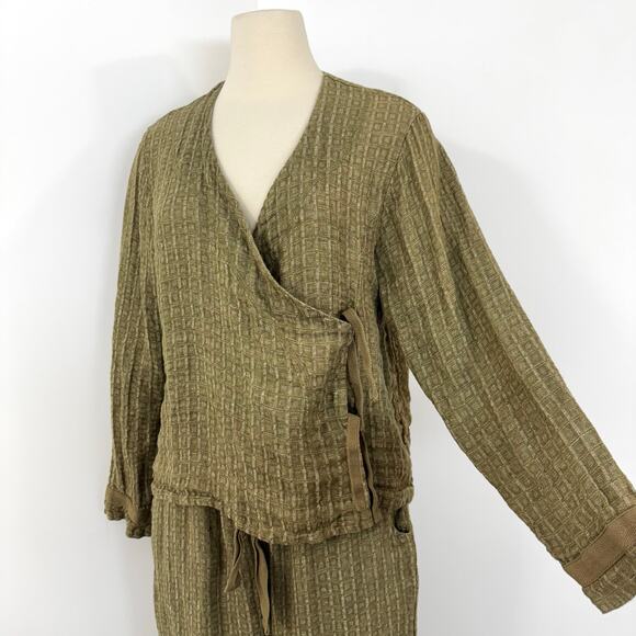 FLAX Linen Matching Set Wrap Top and Pants Olive Green M - Picture 3 of 13